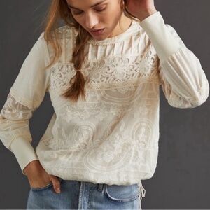 Anthropologie x Tiny Embroidered Lace Top Ivory White Boho Romantic Size S